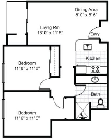 2 Bedroom 1 Bath 2D Floorplan-Triangle Square Apartments, Los Angeles, CA