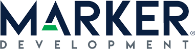 The image shows the logo of Marker Development, which consists of the word "MARKER" in large blue letters with a green line under the letter 'A', followed by the word "DEVELOPMENT" in smaller blue letters