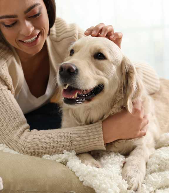 a woman is petting her dog on a couch