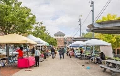 a group of people walking around a farmers market