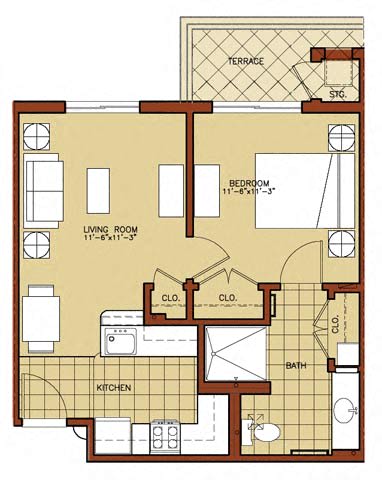 1 Bedroom 1 Bath 2D Floorplan-Triangle Square Apartments, Los Angeles, CA