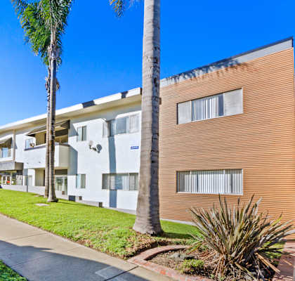 a building with a sidewalk and palm trees in front of it