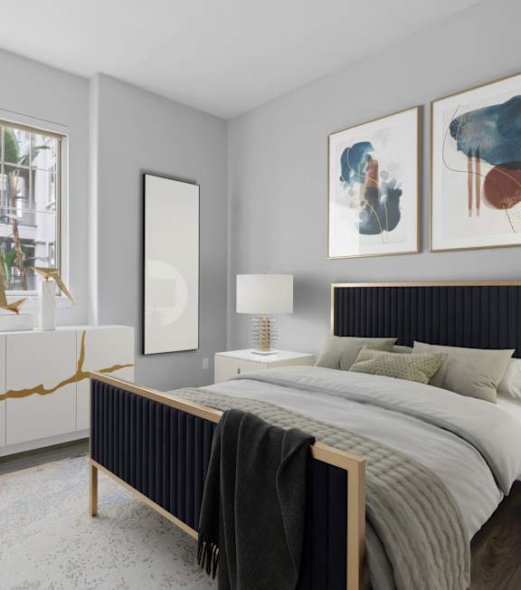 a modern bedroom at The Adler Apartments, Los Angeles