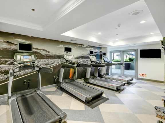 A gym with treadmills and a wall mural. at Apex Mission Valley, San Diego, 92108
