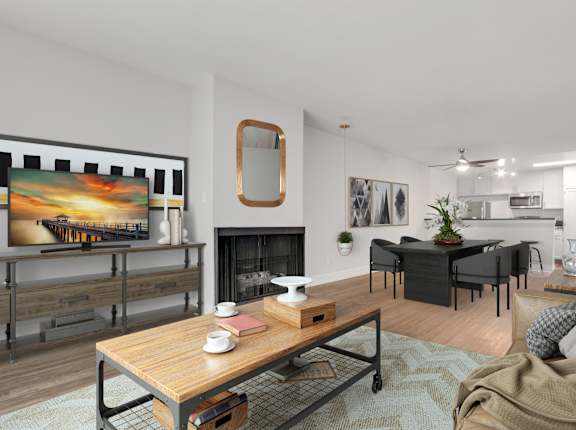 A modern living room with a fireplace and a television at Waverly, Los Angeles, CA