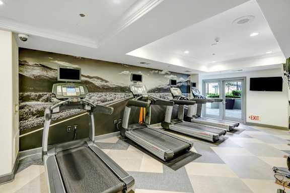A gym with treadmills and a wall mural. at Apex Mission Valley, San Diego, CA, 92108
