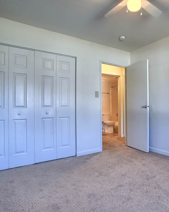 A room with white doors and carpeted floor.