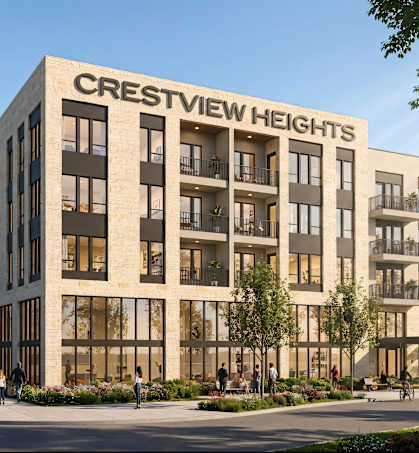 A rendering of a modern apartment complex named Crestview Heights.