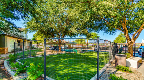 a fenced in dog park with trees and a building in the background