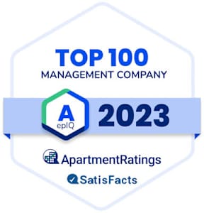 A graphic showing the top 100 management companies for 2023, with ApartmentRatings and SatisFacts being highlighted.