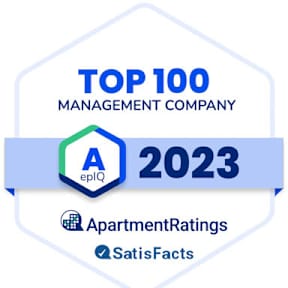 A graphic showing the top 100 management companies for 2023, with ApartmentRatings and SatisFacts being highlighted.