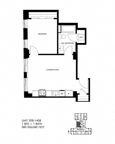 580 SQFT 1 Bed 1Bath Floor Plan at Park Heights by the Lake Apartments, Chicago, Illinois