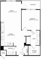 The Foxtrot Floorplan with 1 Bedroom, 1Bath. Kitchen with L shaped Countertops open to Living Room Area.