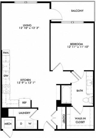 The Foxtrot Floorplan with 1 Bedroom, 1Bath. Kitchen with L shaped Countertops open to Living Room Area.