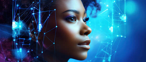 A woman's profile with a digital, network-like overlay.