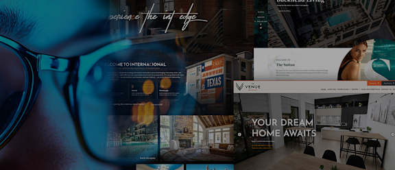 A collage of images with a person wearing glasses on the left and various other images including a house, a person's face, and a website layout on the right.