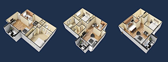 A 3D floor plan of a house with a kitchen, living room, and two bedrooms.