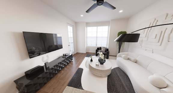 Contemporary living room with white sofa and wall mounted tv at Wrenley Luxury Apartment Homes, Newnan, 30265