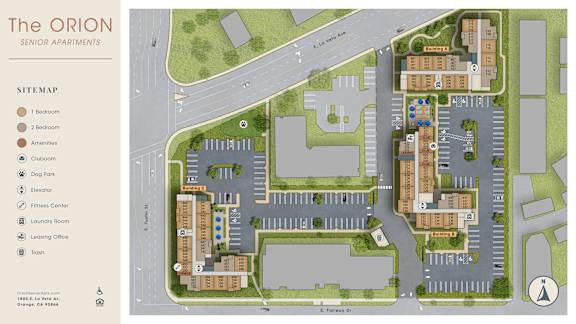 A map of The ORION senior apartments with a legend on the left. at The Orion Senior Apartments - Orange, CA Apartments, Orange, CA, 92866
