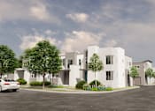Thumbnail 1 of 8 - a rendering of a white apartment complex with cars parked in a parking lot