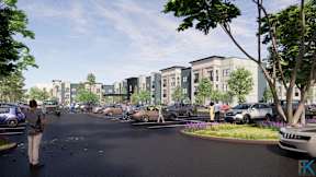 A street view of a residential area with cars parked on the side of the road and people walking on the sidewalk.