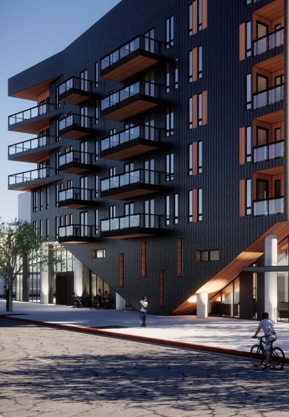 a rendering of a tall building with people walking in front of it