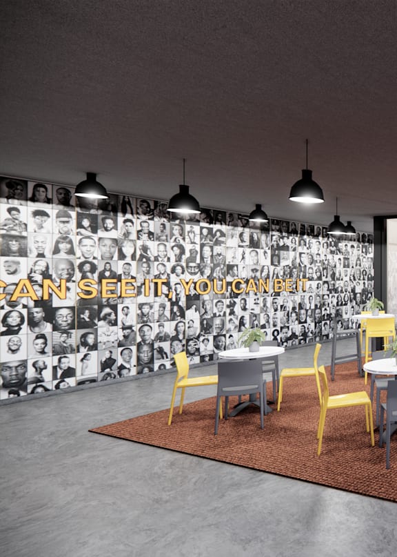 A modern dining area with yellow chairs and tables.