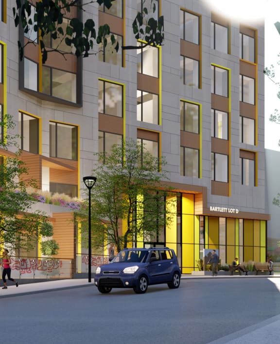 a rendering of an apartment building with a blue car on the street