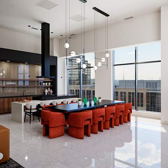 A modern living room with a fireplace and a long table.