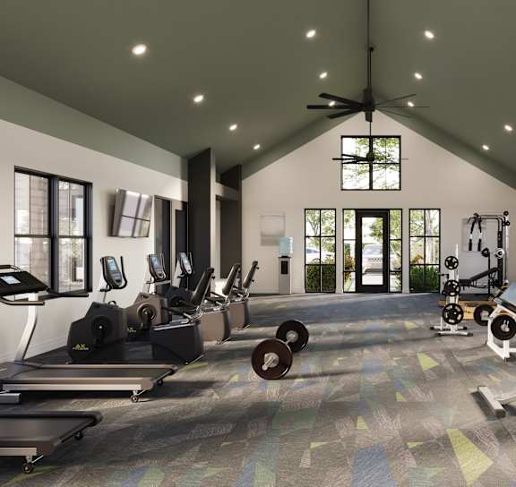 A gym with a variety of equipment including treadmills, weights, and a ceiling fan.