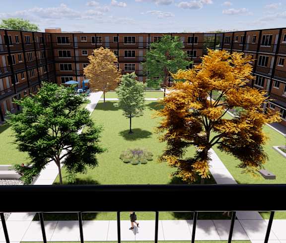 a bathroom with a sink and a mirror and a bedroom with a bed at The Park on 13 Apartments - Royal Oak, MI Apartments, Royal Oak, MI, 48073