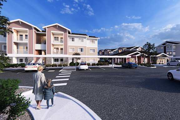 a rendering of a woman and a child walking across a street in front of apartments