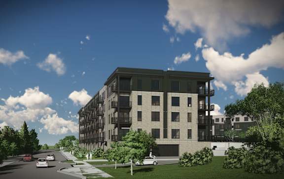 A modern apartment building is depicted in the image. at Olivine Apartments, Victoria 55386