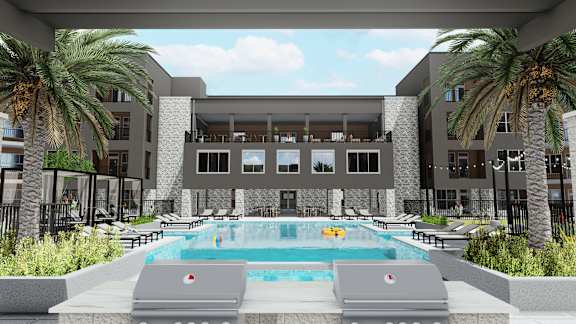A modern building with a pool in front. at Refinery at Pointe17 Apartments, Phoenix, AZ, 85085