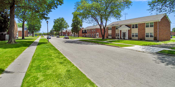 a brick wall with yorktown village in front of a building