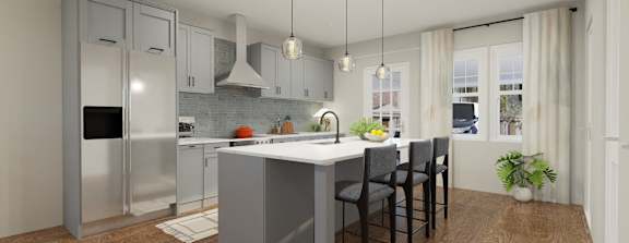 A modern kitchen with a large island and bar stools.