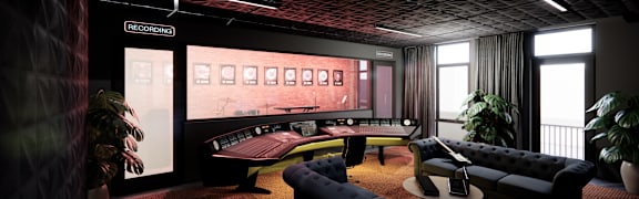 A modern recording studio with a large window overlooking a cityscape.