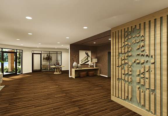 A modern living room with a wooden floor and a large wooden wall art.