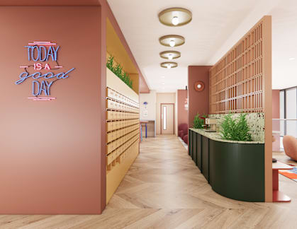 A neon sign that says "Today is a good day" is on a wall in a modern office space.
