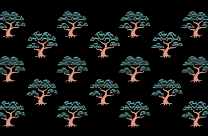 A pattern of trees with green leaves and orange trunks on a black background.