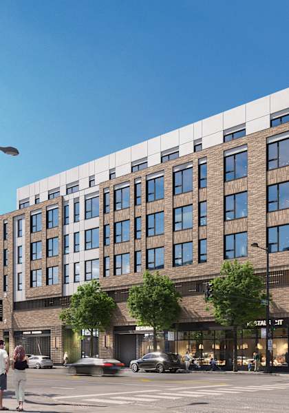 a rendering of a large brick building on a city street