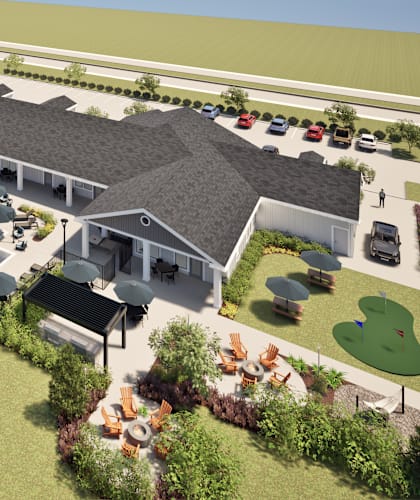 A rendering of a residential area with a pool and tennis court.