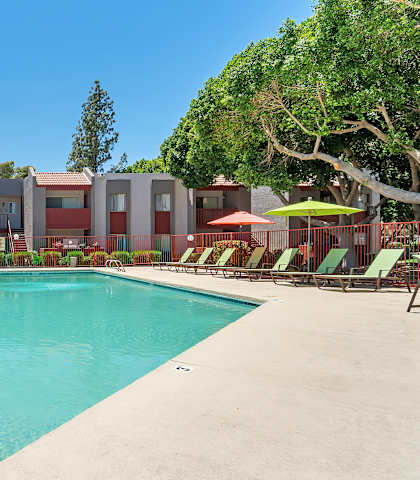 A swimming pool surrounded by chairs and umbrellas with a building in the background.