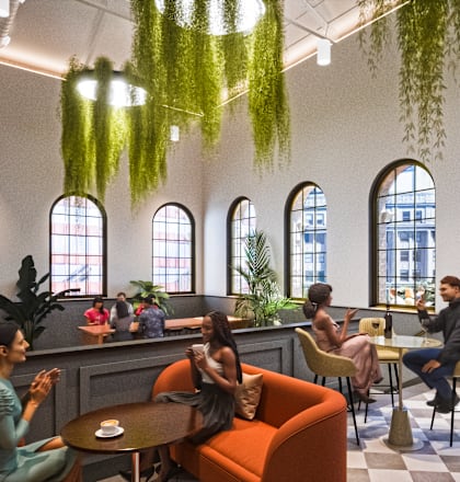a rendering of a restaurant with windows and people sitting at tables