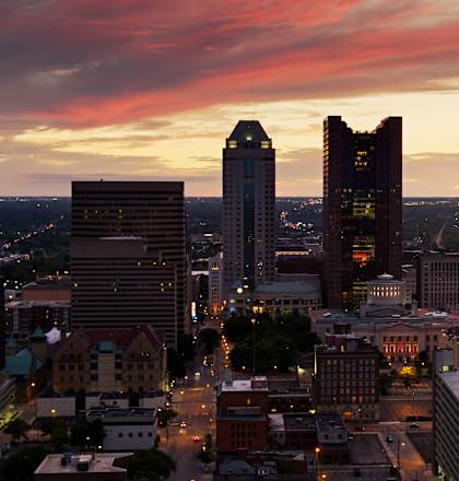 a view of the atlanta skyline at sunset