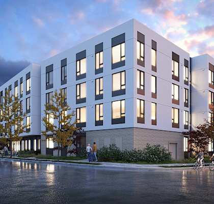 a rendering of an apartment building with a sunset in the background