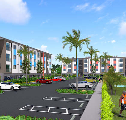 a rendering of a parking lot in front of an apartment building