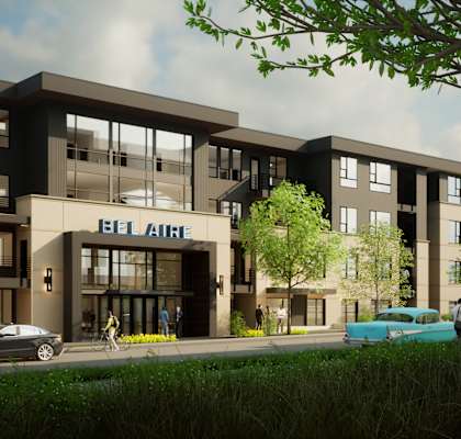 A modern building with the words "BE AIR" on the front.