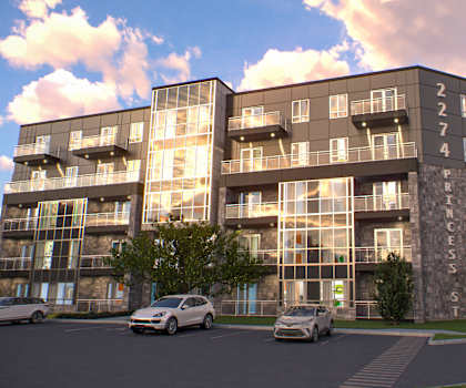 a rendering of a large apartment building with cars parked outside at 2274 Princess St., Ontario