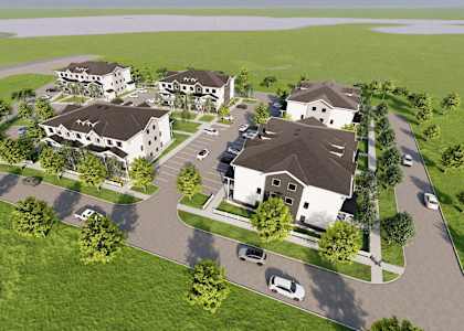 A rendering of a suburban neighborhood with houses and parked cars.